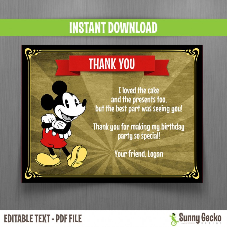 Mickey Mouse Party Vintage Style Thank You Cards